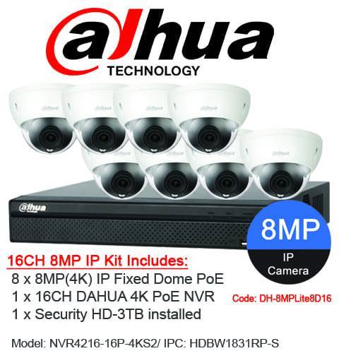 Dahua 16 Channel Security System: 8MP NVR, 8 x 8MP (4K) Dome Cameras, 3TB HDD