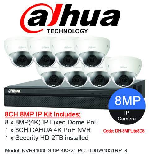 Dahua 8 Channel Security System: 8MP NVR, 8 x 8MP (4K) Dome Cameras, 2TB HDD
