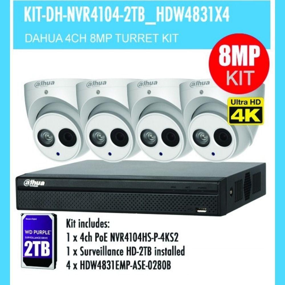 Dahua 4 Channel Security Kit: 8MP NVR, 4 X 8MP(4K Ultra HD) Turret Cameras, 2TB HDD