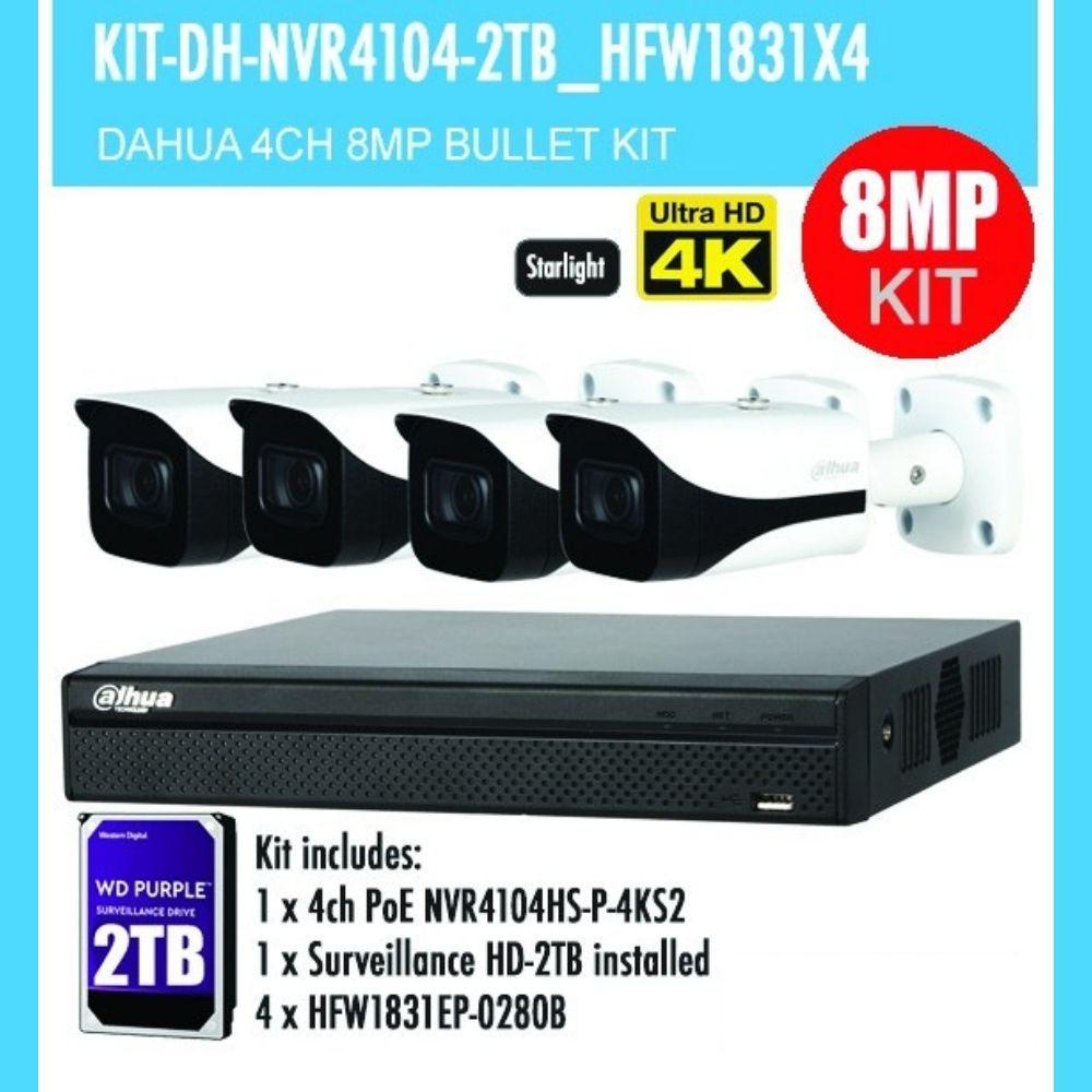 Dahua 4 Channel Security Kit: 8MP NVR, 4 X 8MP(4K Ultra HD ) Bullet Camera, 2TB HDD