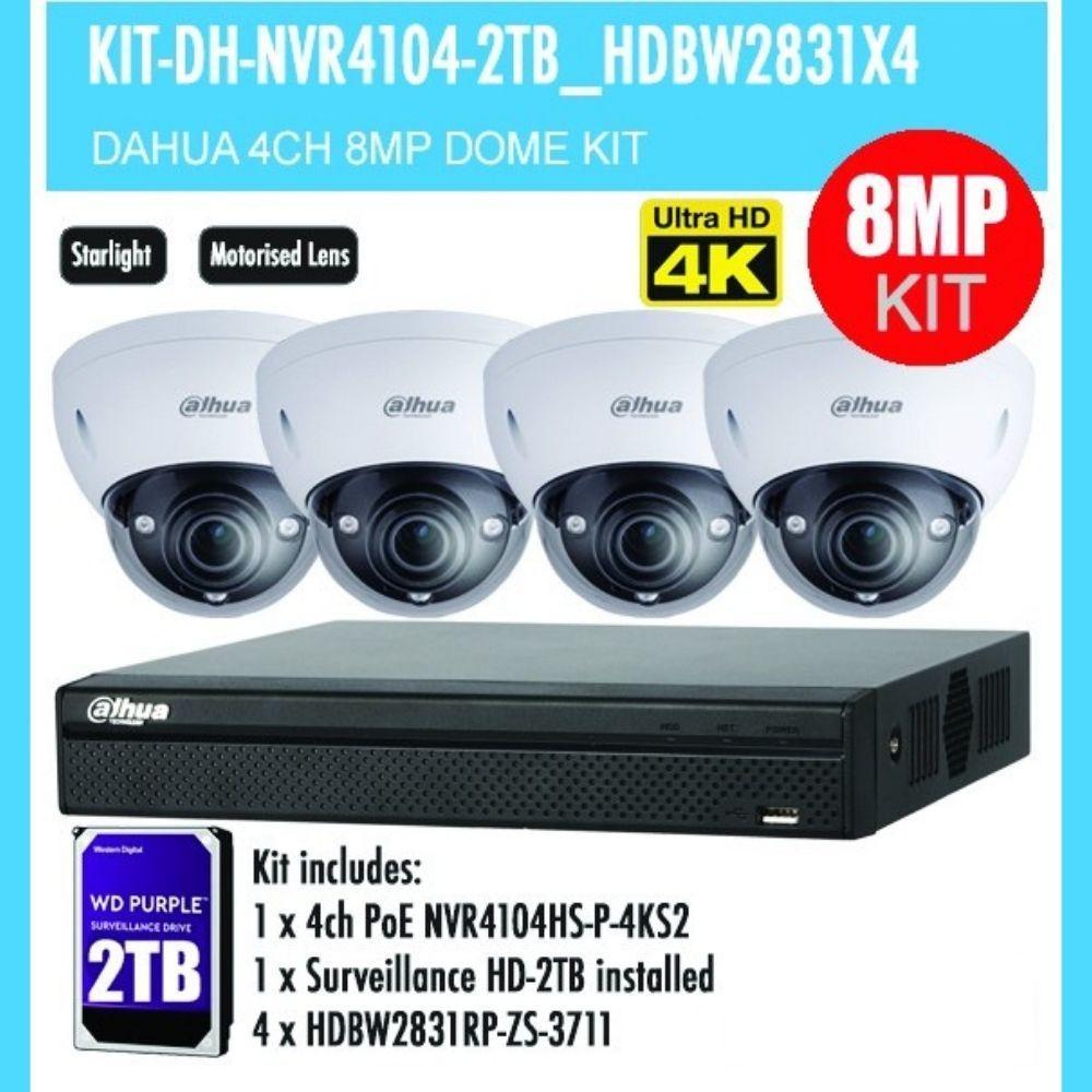 Dahua 4 Channel Security Kit: 8MP NVR, 4 X 8MP(4K) VF Dome Cameras, 2TB HDD