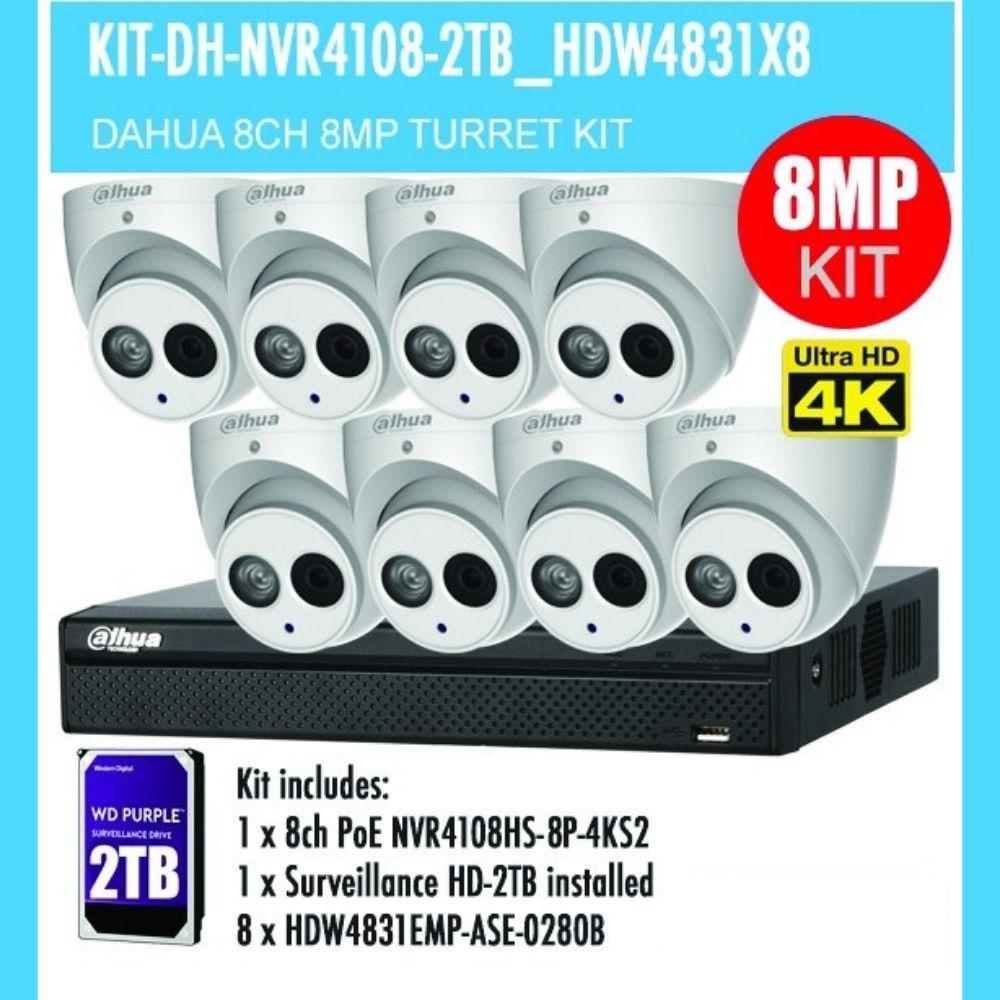 Dahua 8 Channel Security Kit: 8MP NVR, 8 X 8MP(4K Ultra HD) Turret Cameras, 2TB HDD