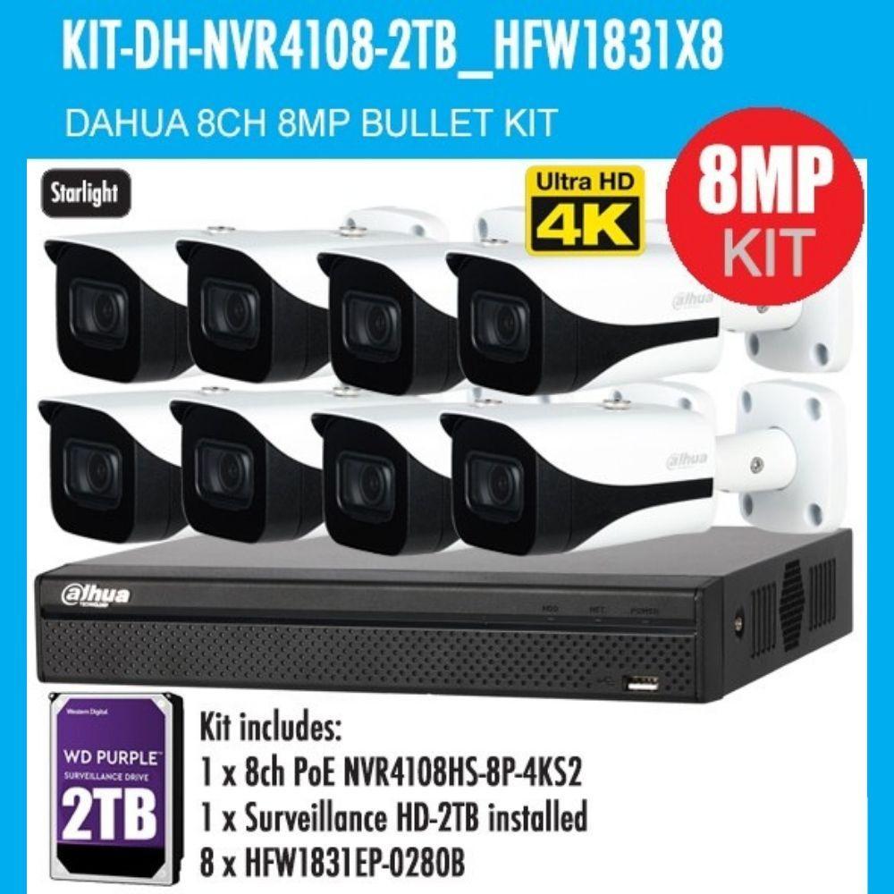 Dahua 8 Channel Security Camera: 8MP NVR, 8 X 8MP(4K Ultra HD) Bullet Cameras, 2TB HDD