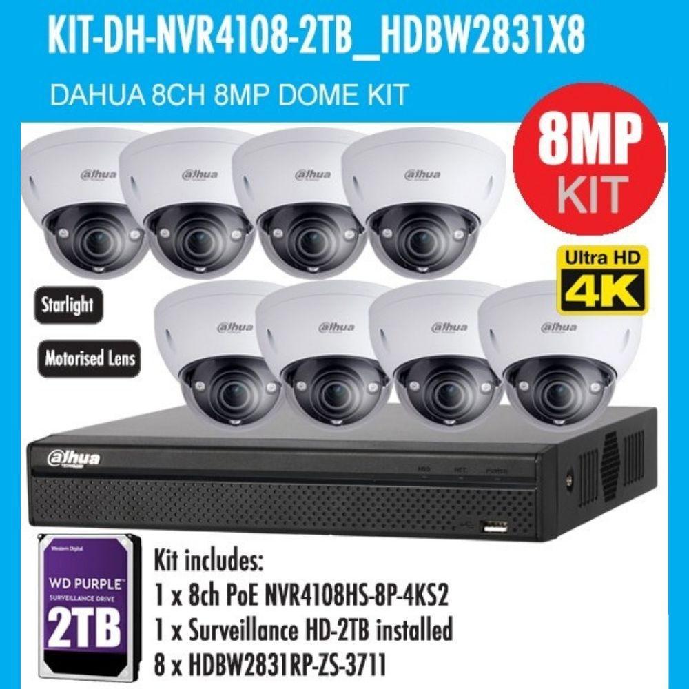 Dahua 8 Channel Security Kit: 8MP NVR, 8 X 8MP(4K Ultra HD) VF Dome Cameras, 2TB HDD