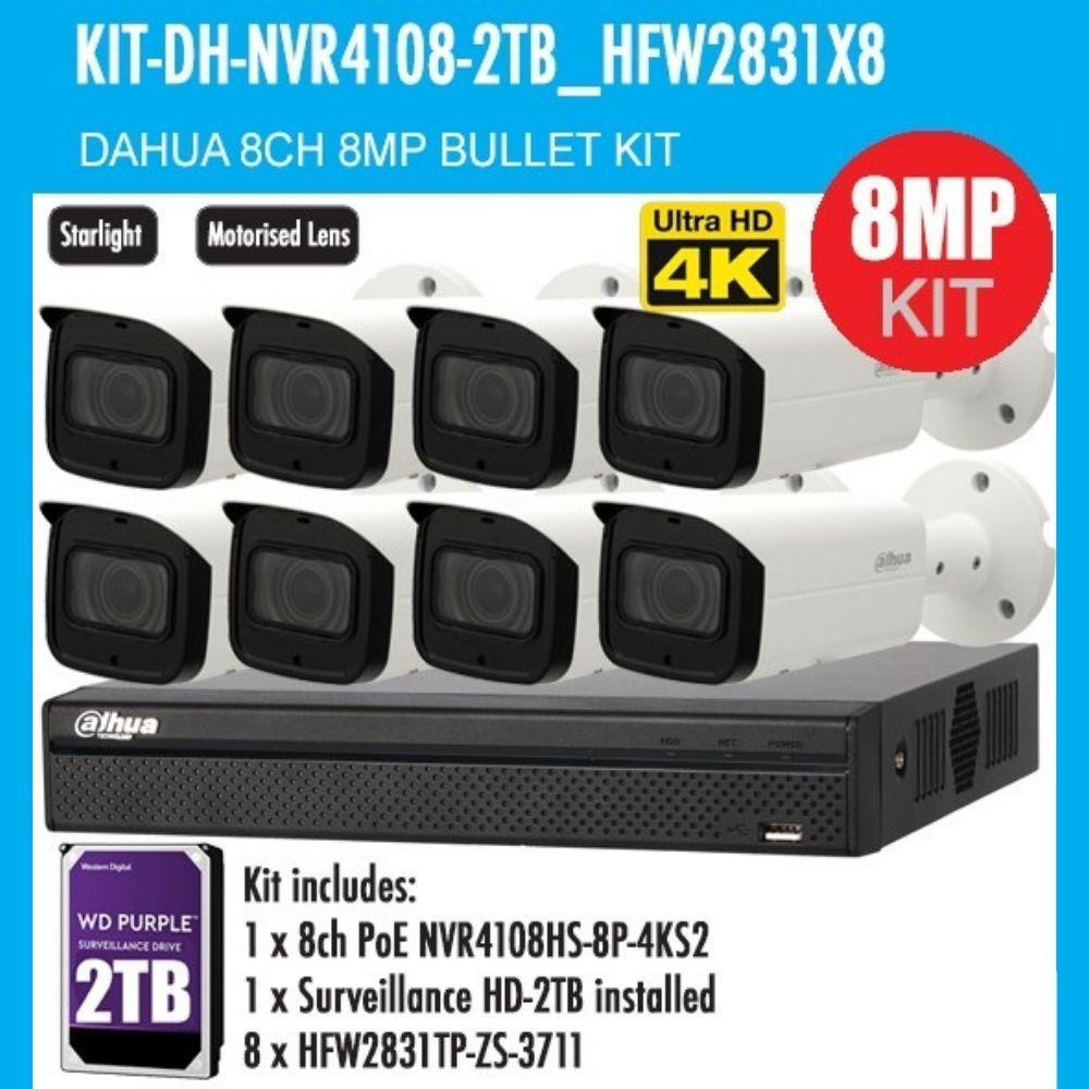 Dahua 8 Channel Security Kit: 8MP NVR, 8 X 8MP (4K) VF Bullet Cameras, 2TB HDD