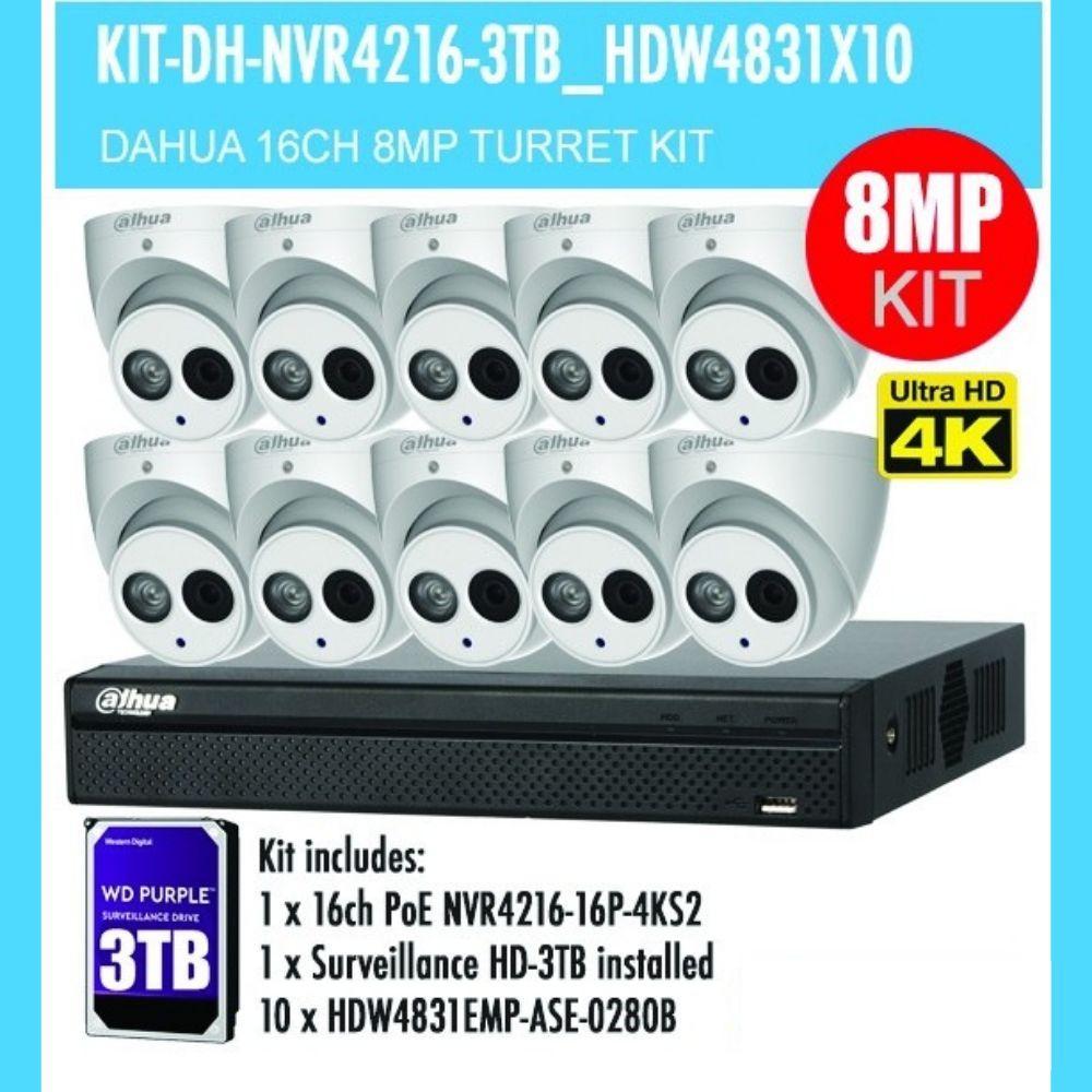 Dahua 16 Channel Security Kit: 8MP NVR, 10 X 8MP(4K Ultra HD) Turret Cameras, 3TB HDD