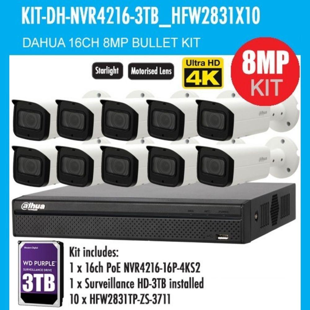 Dahua 16 Channel Security Kit: 8MP NVR, 10 X 8MP(4K Ultra HD) VF Bullet Cameras, 3TB HDD