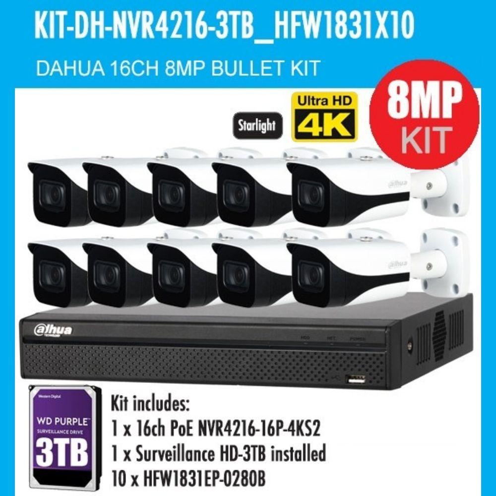 Dahua 16 Channel Security Kit: 8MP(4K) NVR, 10 X 8MP(4K Ultra HD) Bullet Cameras, 3TB HDD