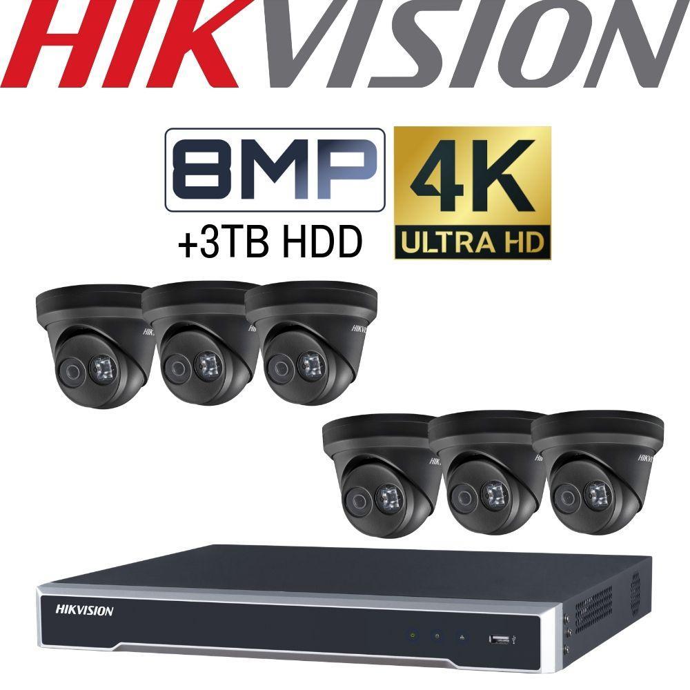 Hikvision 8 Channel Security Kit: 8MP NVR, 6 X 8MP (4K) Black Turret Cameras, 3TB HDD