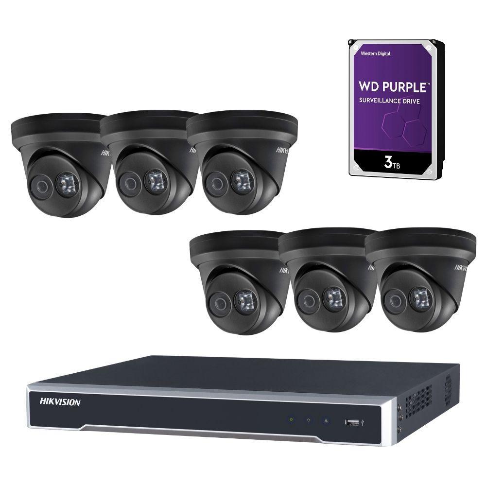 Hikvision 8 Channel Security Kit: 8MP NVR, 6 X 8MP (4K) Black Turret Cameras, 3TB HDD