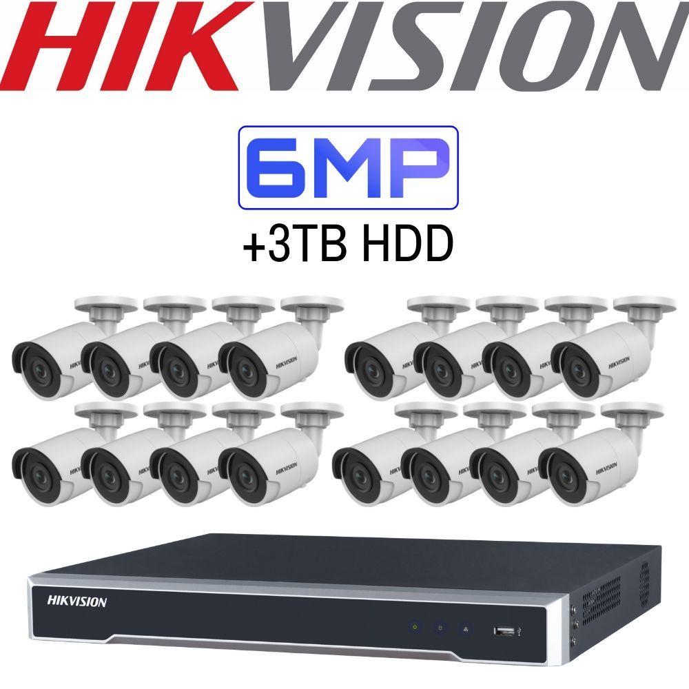 Hikvision 16 Channel Security System: 4K NVR, 16 x 6MP Bullet Cameras, 3TB HDD