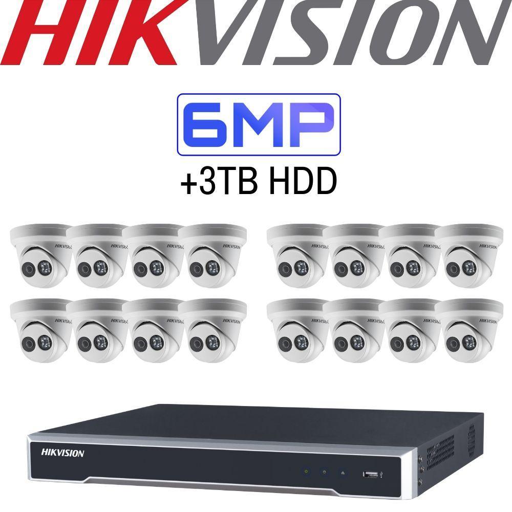 Hikvision 16 Channel Security System: 4K NVR, 16 x 6MP Turret Cameras, 3TB HDD