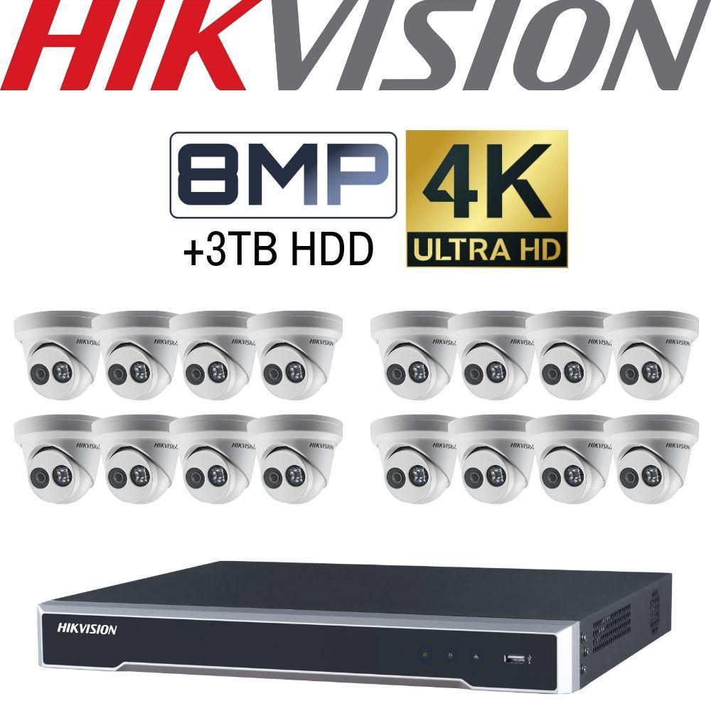 Hikvision 16 Channel Security System: 4K NVR, 16 x 8MP (4K) Turret Cameras, 3TB HDD