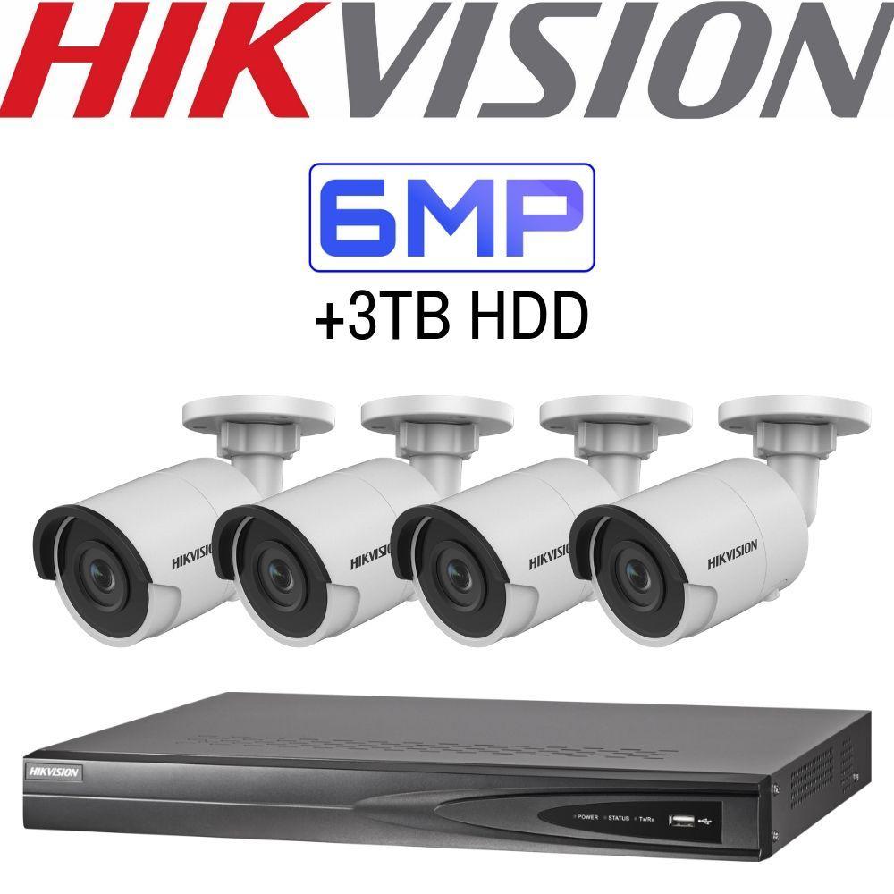 Hikvision 4 Channel Security System: 4K NVR, 4 x 6MP Bullet Cameras, 3TB HDD
