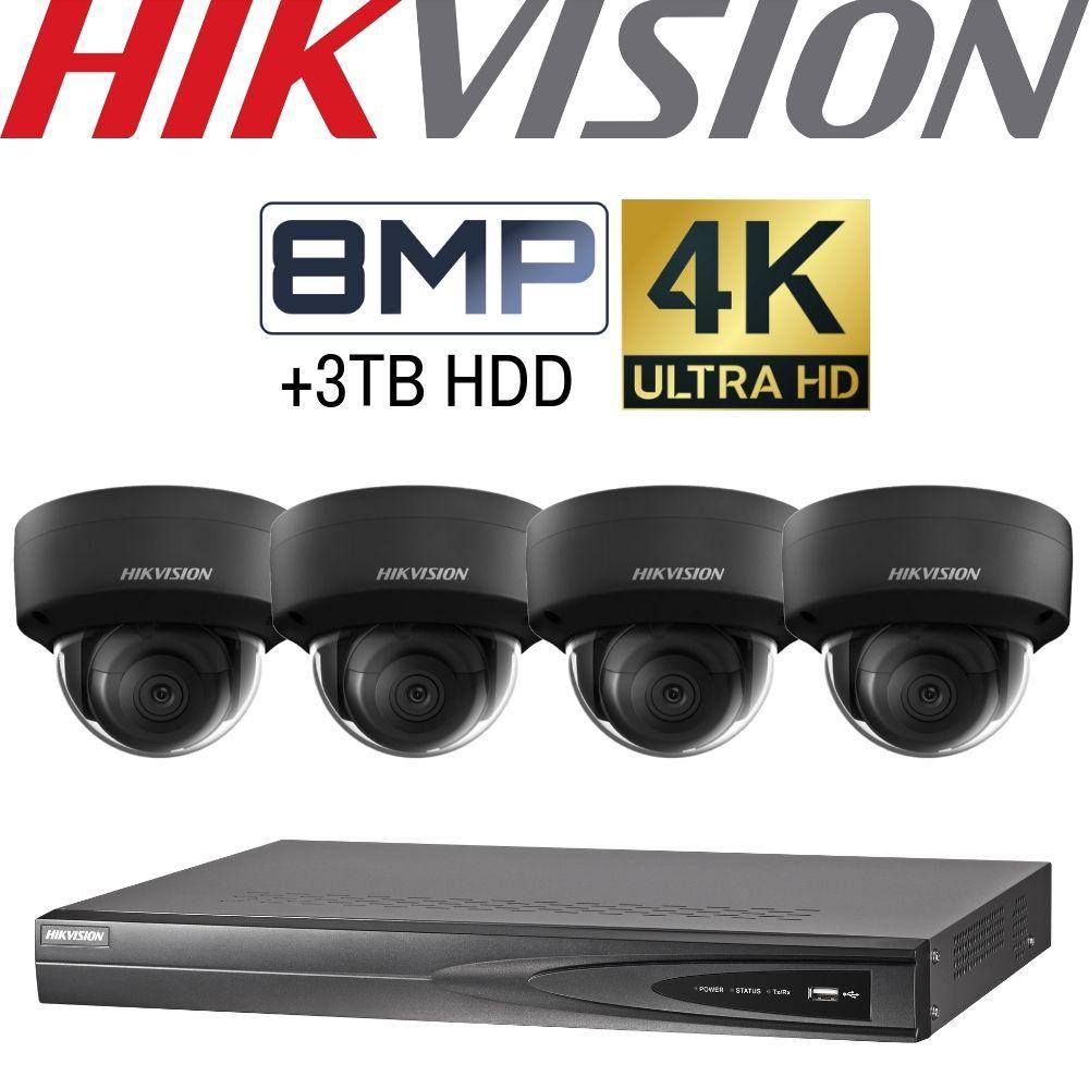 Hikvision 4 Channel Security Kit: 8MP (4K) NVR, 4 X 8MP Black Dome Cameras, 3TB HDD