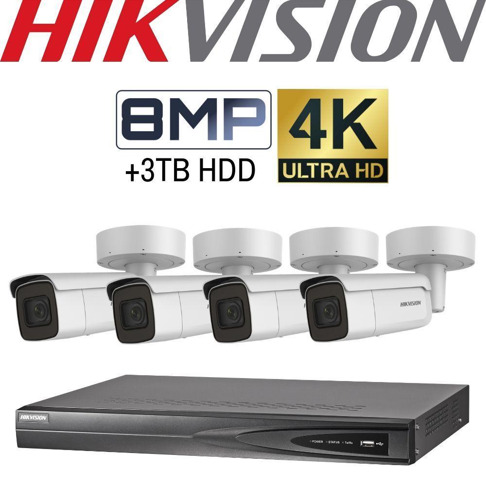 Hikvision 4 Channel Security Kit: 8MP (4K) NVR, 4 X 8MP Motorised VF Bullet Cameras, 3TB HDD