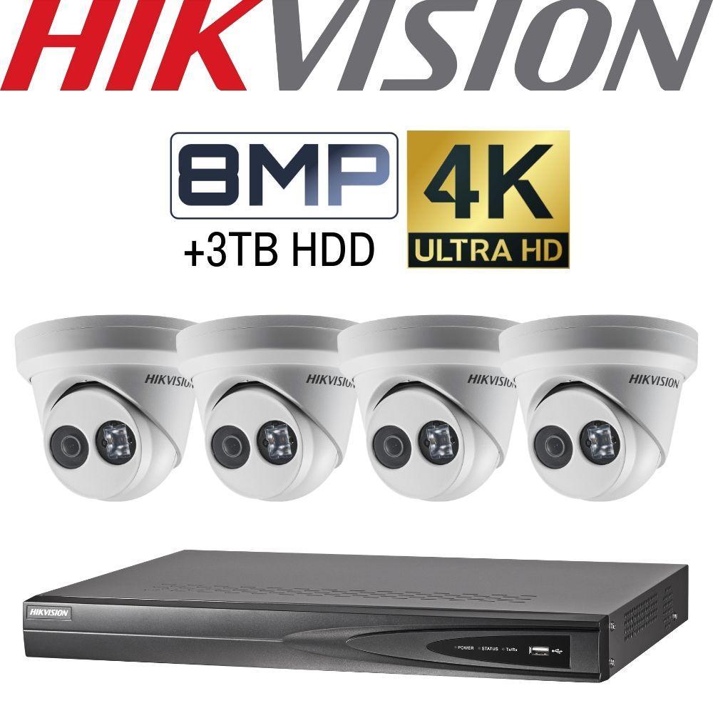 Hikvision 4 Channel Security System: 8MP NVR, 4 x 8MP (4K) Turret Cameras, 3TB HDD