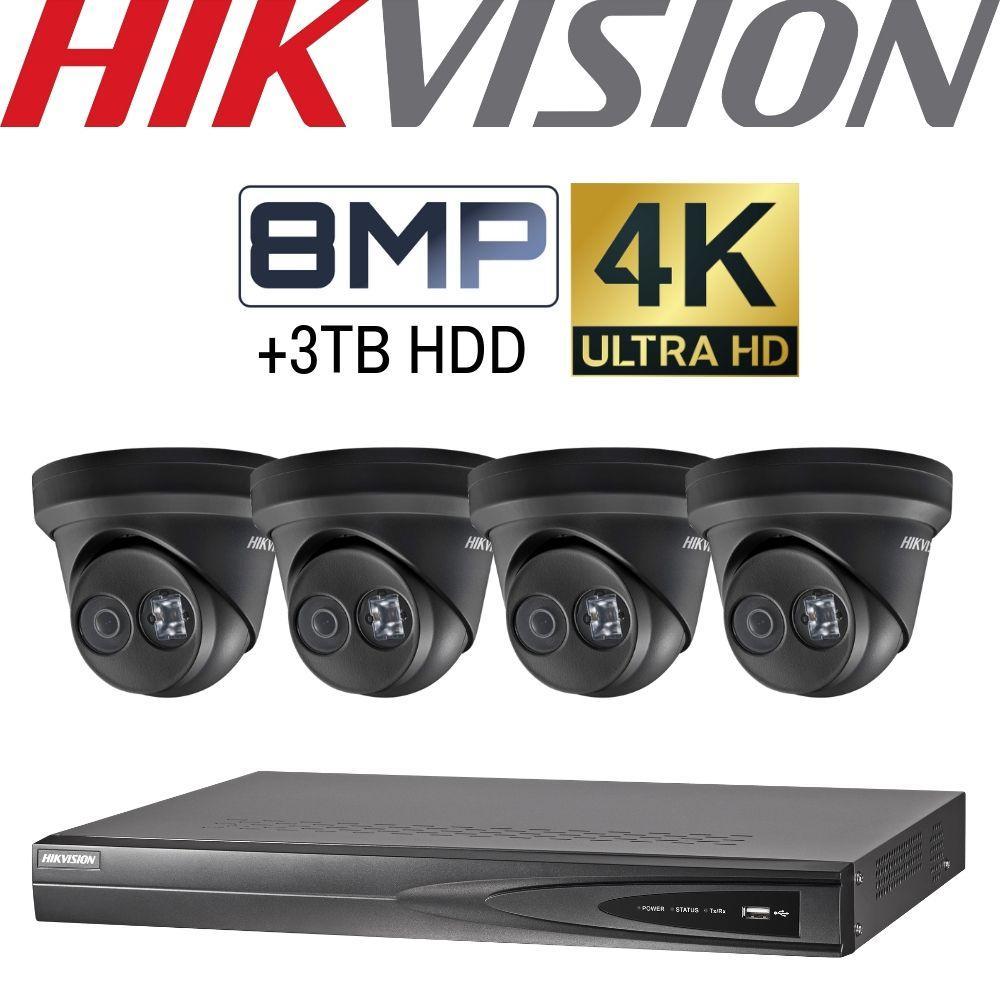 Hikvision 4 Channel Security System: 8MP NVR, 4 x 8MP Black Turret Cameras, 3TB HDD