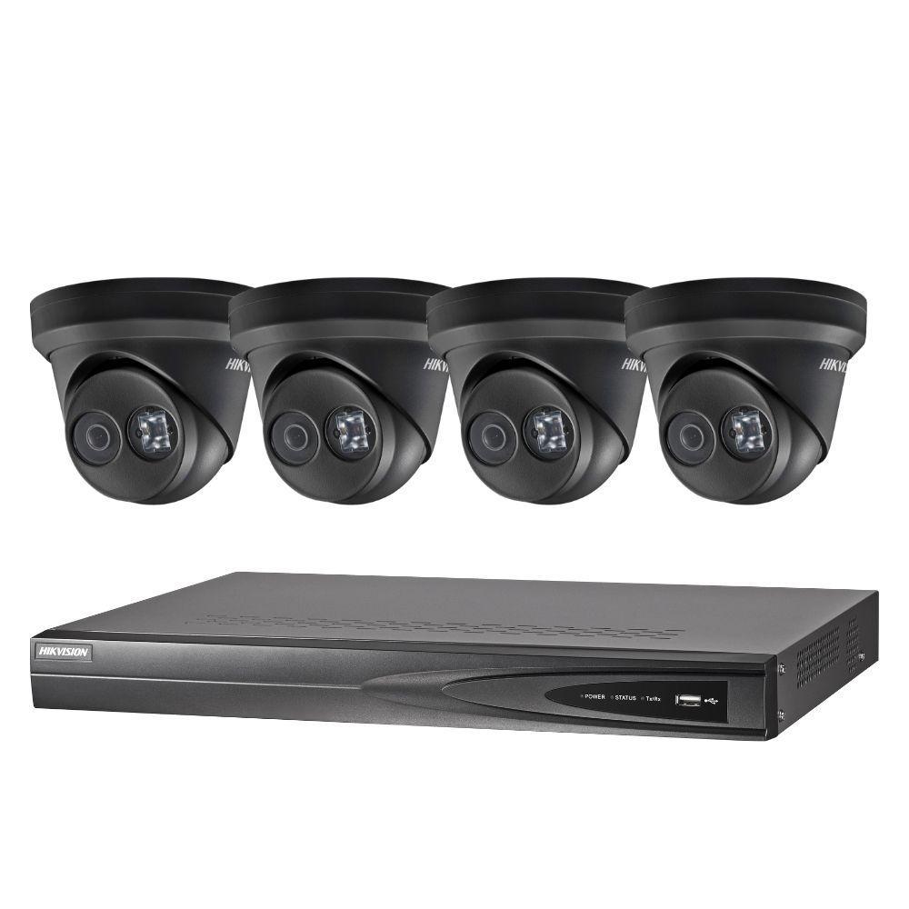 Hikvision 4 Channel Security System: 8MP NVR, 4 x 8MP Black Turret Cameras, 3TB HDD