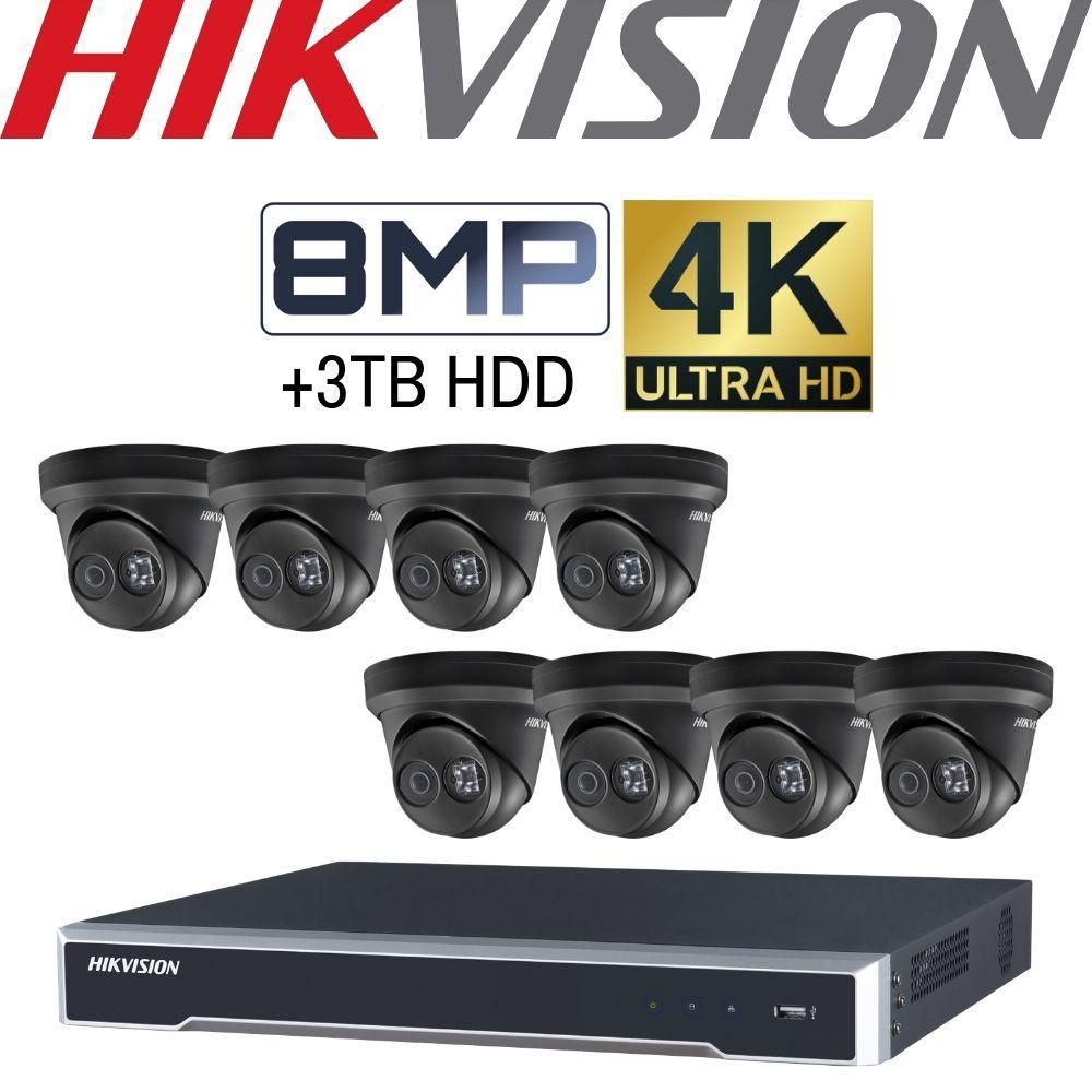 Hikvision 8 Channel Security System: 4K NVR, 8 x 8MP(4K) Black Turret Cameras, 3TB HDD