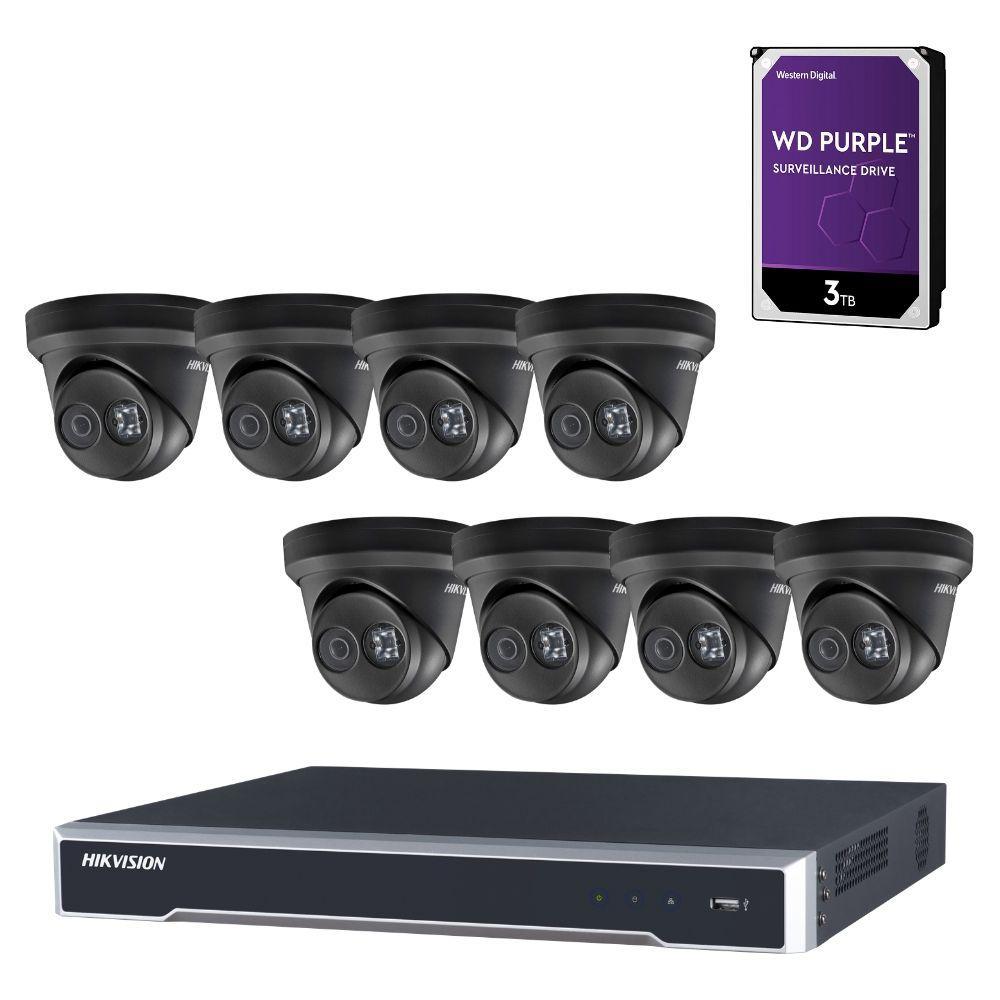 Hikvision 8 Channel Security System: 4K NVR, 8 x 8MP(4K) Black Turret Cameras, 3TB HDD