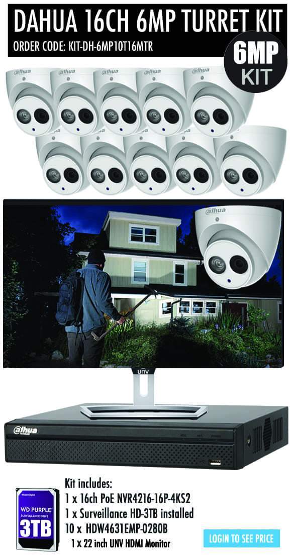Dahua 16 Channel Security Kit: 8MP(4K) NVR, 10 X 6MP Turret Cameras, 3TB HDD + Monitor