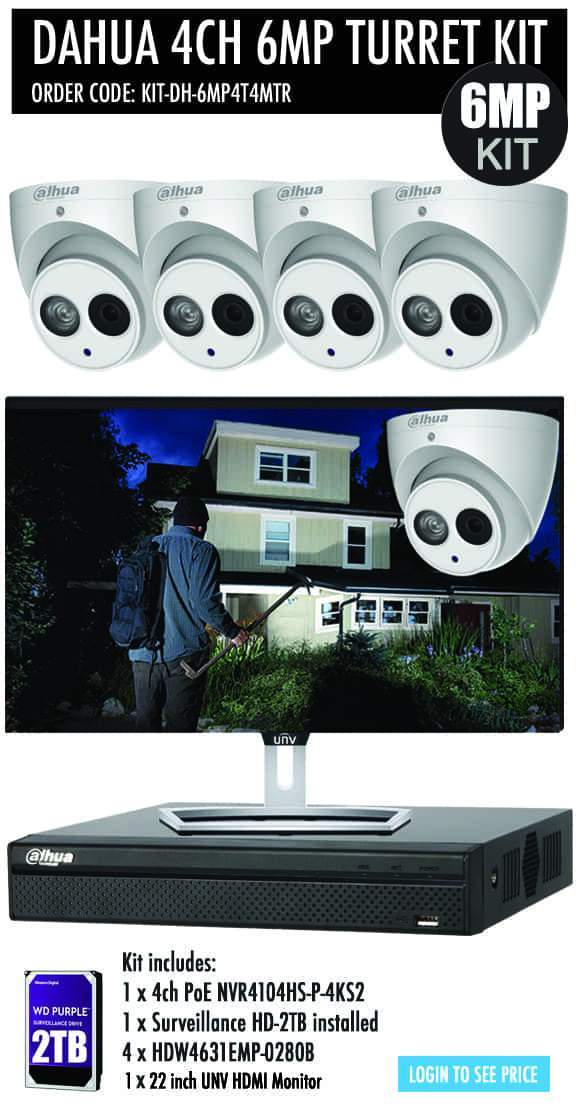 Dahua 4 Channel Security Kit: 8MP(4K) NVR, 4 X 6MP Turret Cameras, 2TB HDD + Monitor