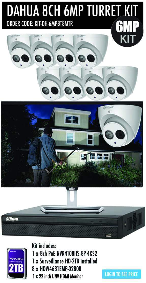 Dahua 8 Channel Security Kit: 8MP(4K) NVR, 8 X 6MP Turret Cameras, 2TB HDD + Monitor