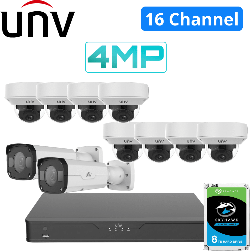 Uniview 16 Channel Building Kit: 4K NVR, 10 x VF Dome and Bullet Cameras, 8TB HDD