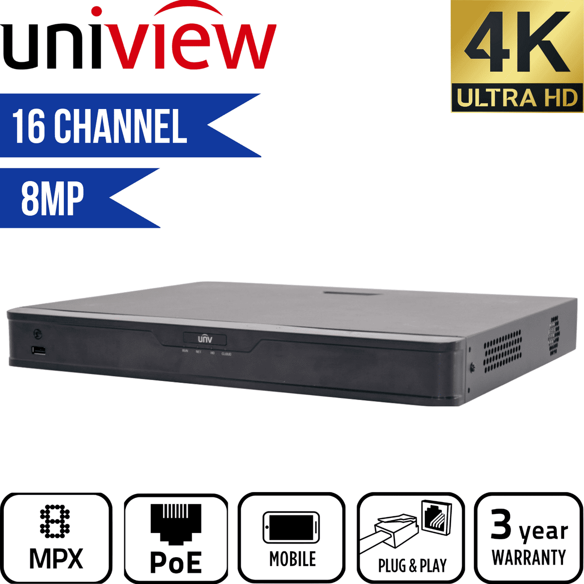 Uniview 16 Channel Network Video Recorder: 8MP (4K) Ultra HD