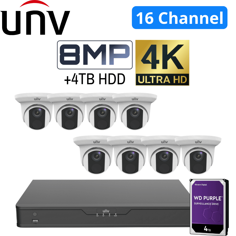 Uniview 16 Channel Security System: 12MP NVR, 8 x 8MP(4K) Turret Cameras, 4TB HDD