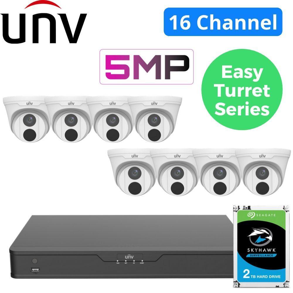 Uniview 8/16 Channel Security System: 8MP NVR, 8 x 5MP (Super HD) Easy Turret Cams, 2TB HDD