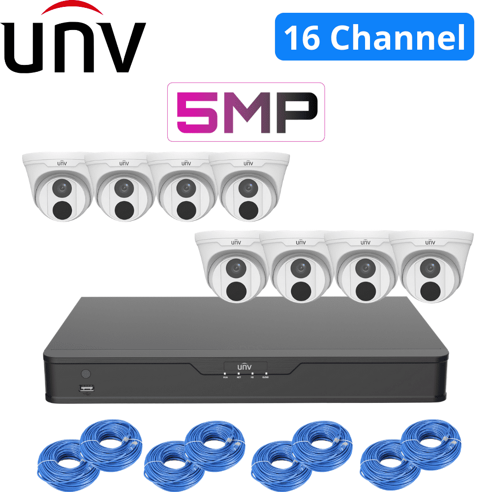 Uniview 16 Channel Security System: 8MP NVR, 8 x 5MP Easy Turret Cams, 3TB HDD