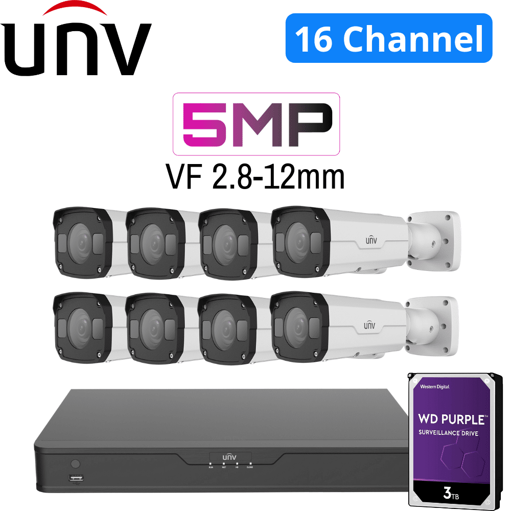 Uniview 16 Channel Security System: 8MP NVR, 8 x 5MP VF Bullets 2.8-12mm, 3TB HDD