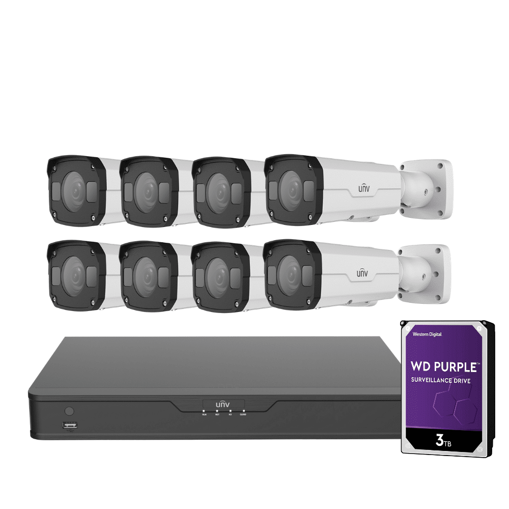 Uniview 16 Channel Security System: 8MP NVR, 8 x 5MP VF Bullets 2.8-12mm, 3TB HDD