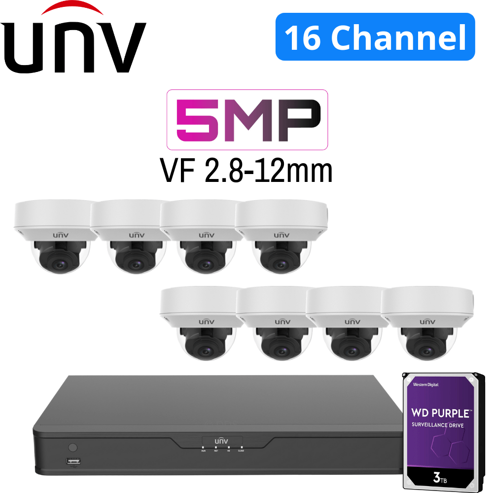 Uniview 16 Channel Security System: 8MP NVR, 8 x 5MP VF Dome Cameras, 3TB HDD