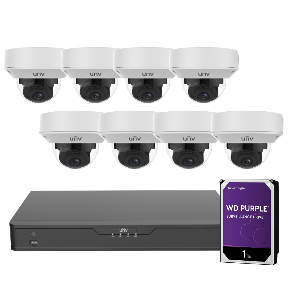 Uniview 16 Channel Security System: 8MP NVR, 8 x 5MP VF Dome Cameras, 3TB HDD