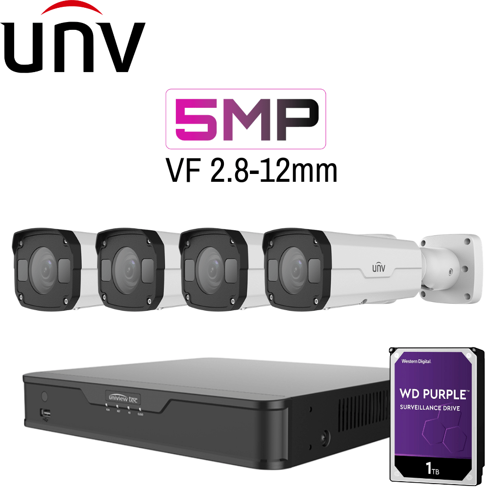 Uniview 4/8 Channel Security System: 8MP NVR, 4 x 5MP VF Bullets 2.8-12mm, 1TB HDD