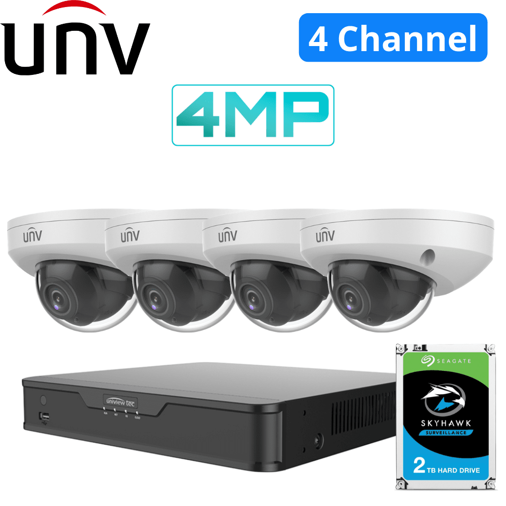 Uniview 4 Channel Retail Kit: 4K NVR, 4 x 4MP Mini Dome Cameras, 2TB HDD