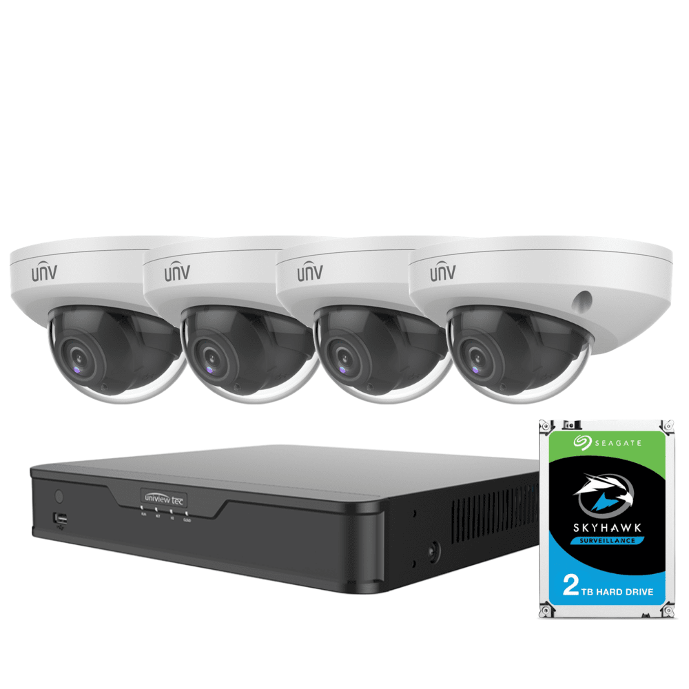 Uniview 4 Channel Retail Kit: 4K NVR, 4 x 4MP Mini Dome Cameras, 2TB HDD