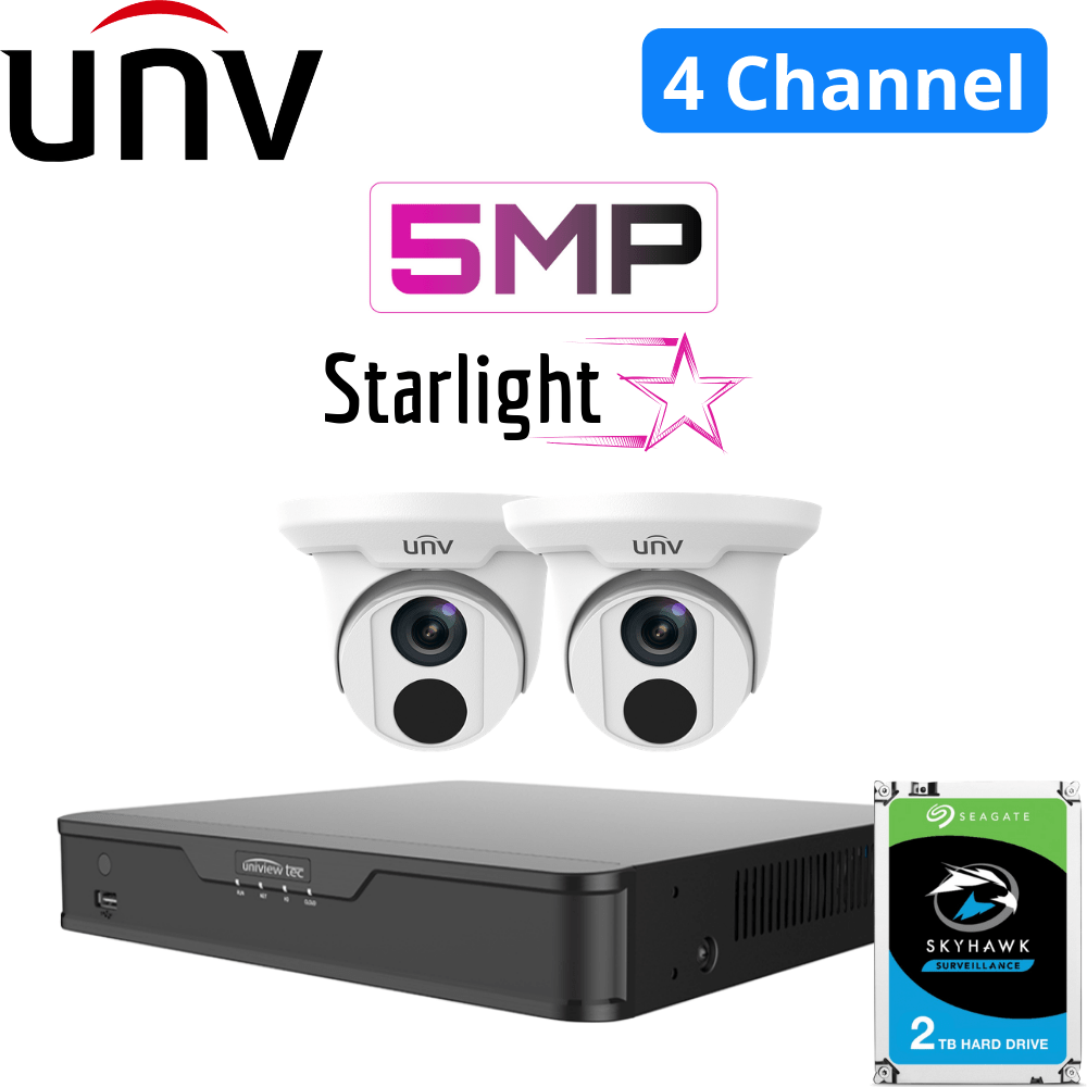 Uniview 4 Channel Security System: 4K NVR, 2 x 5MP Starlight Turret Cameras, 2TB HDD