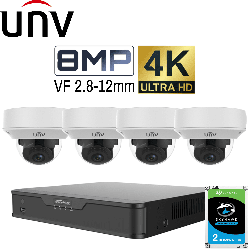 Uniview 4 Channel Security System: 4K NVR, 4 x 8MP Motorised Varifocal Dome 2.8~12mm, 2TB HDD
