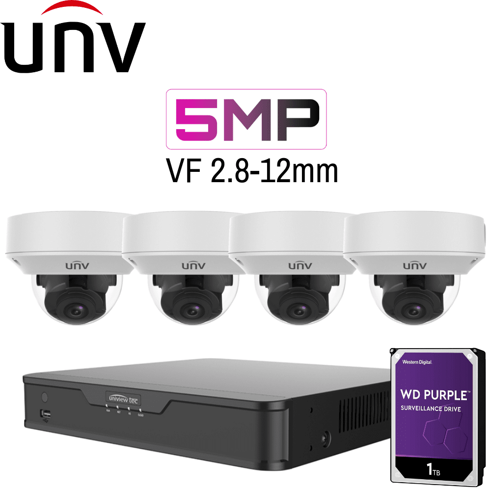 Uniview 4/8 Channel Security System: 8MP NVR, 4 x 5MP VF Dome Cameras, 1TB HDD