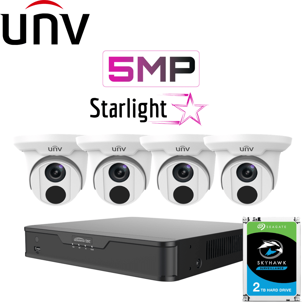 Uniview 4/8 Channel Security System: 4K NVR, 4 x 5MP Starlight Turret Cameras, 2TB HDD