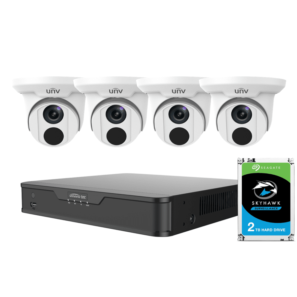 Uniview 4/8 Channel Security System: 4K NVR, 4 x 5MP Starlight Turret Cameras, 2TB HDD