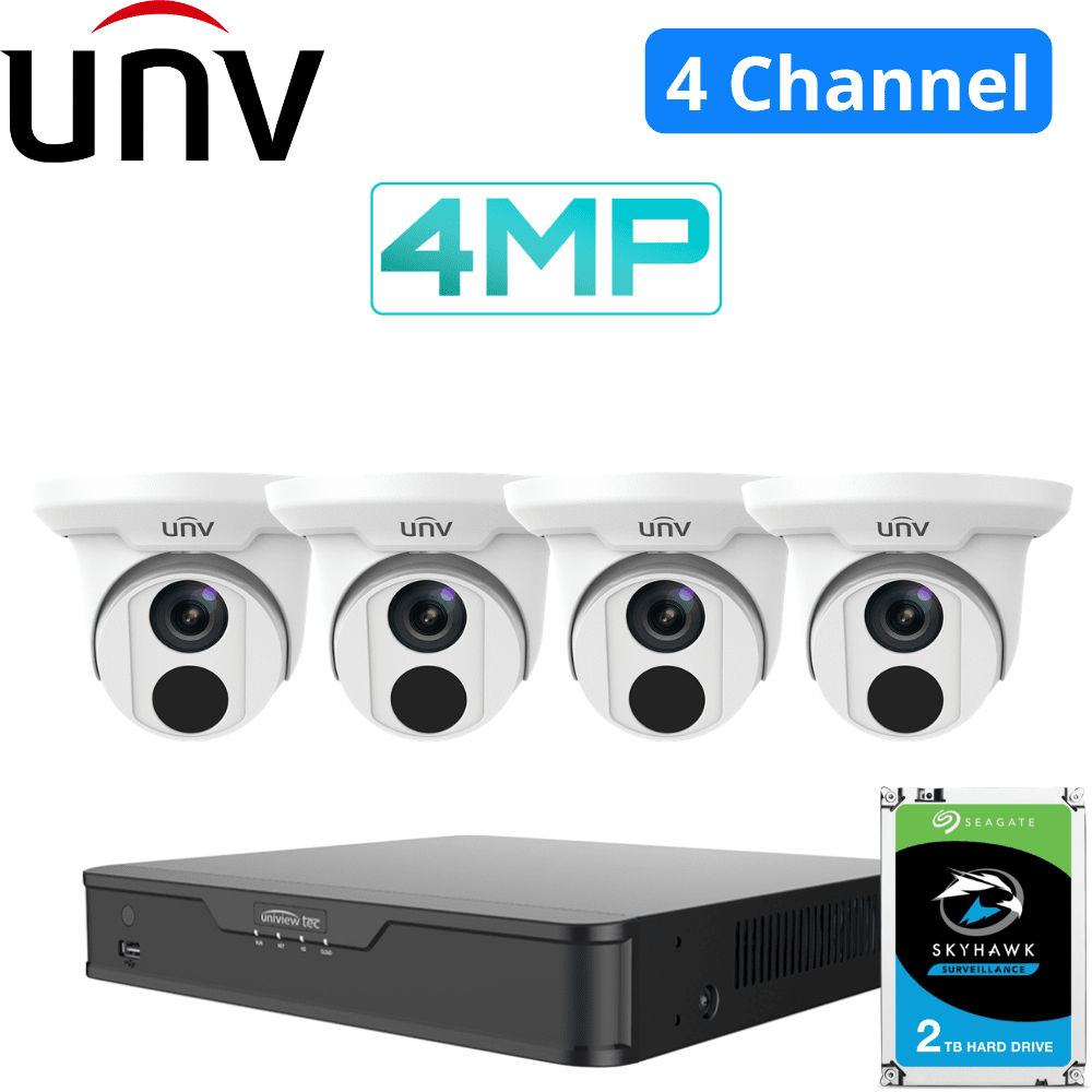 Uniview 4 Channel Tradies Kit: 4K NVR, 4 x 4MP Turret Cameras, 2TB HDD