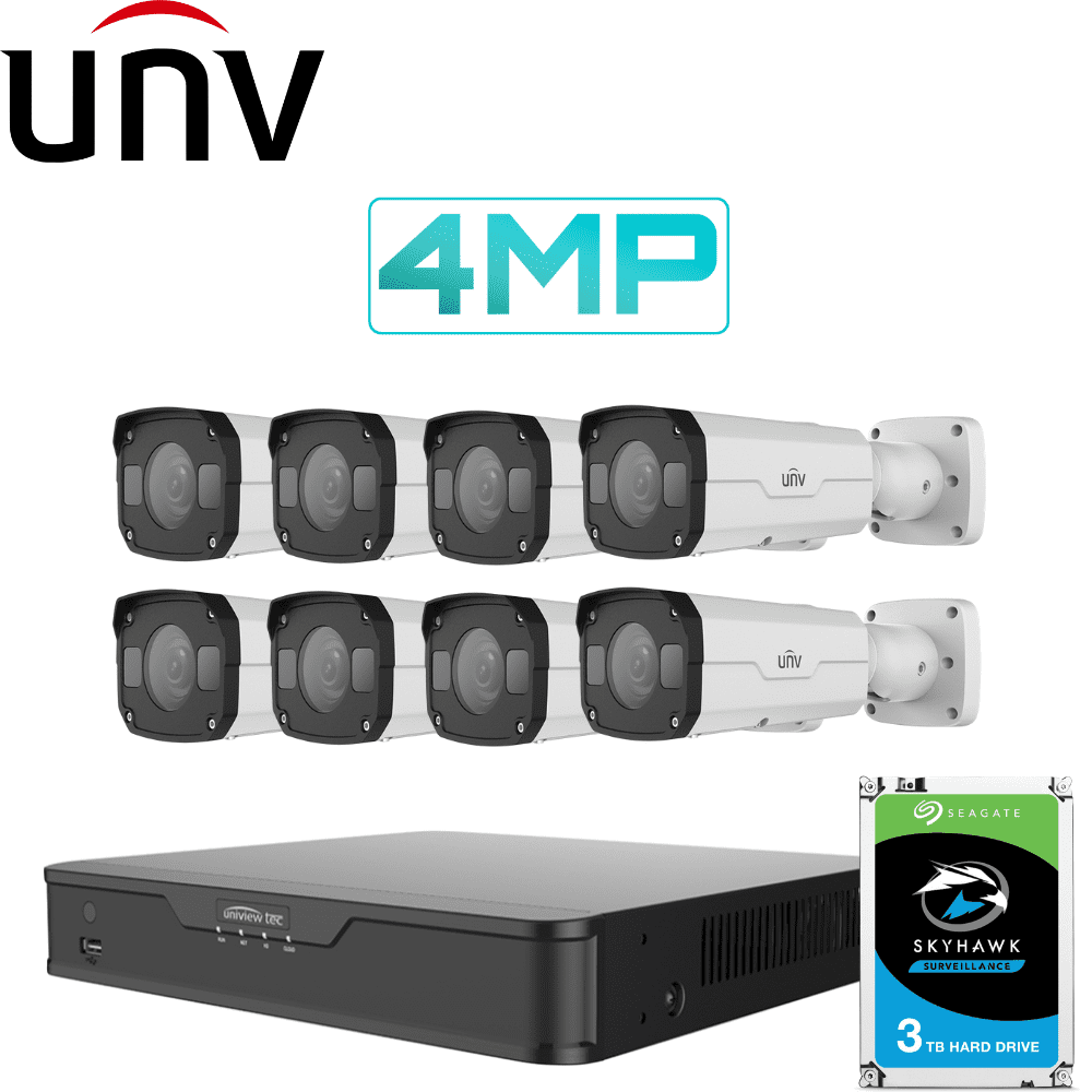 Uniview 8/16 Channel Security System: 8MP NVR, 8 x 4MP Bullet Cameras, 3TB HDD