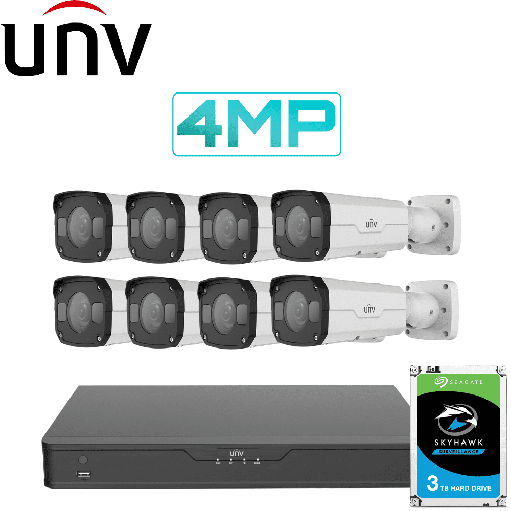 Uniview 8/16 Channel Security System: 8MP NVR, 8 x 4MP Bullet Cameras, 3TB HDD
