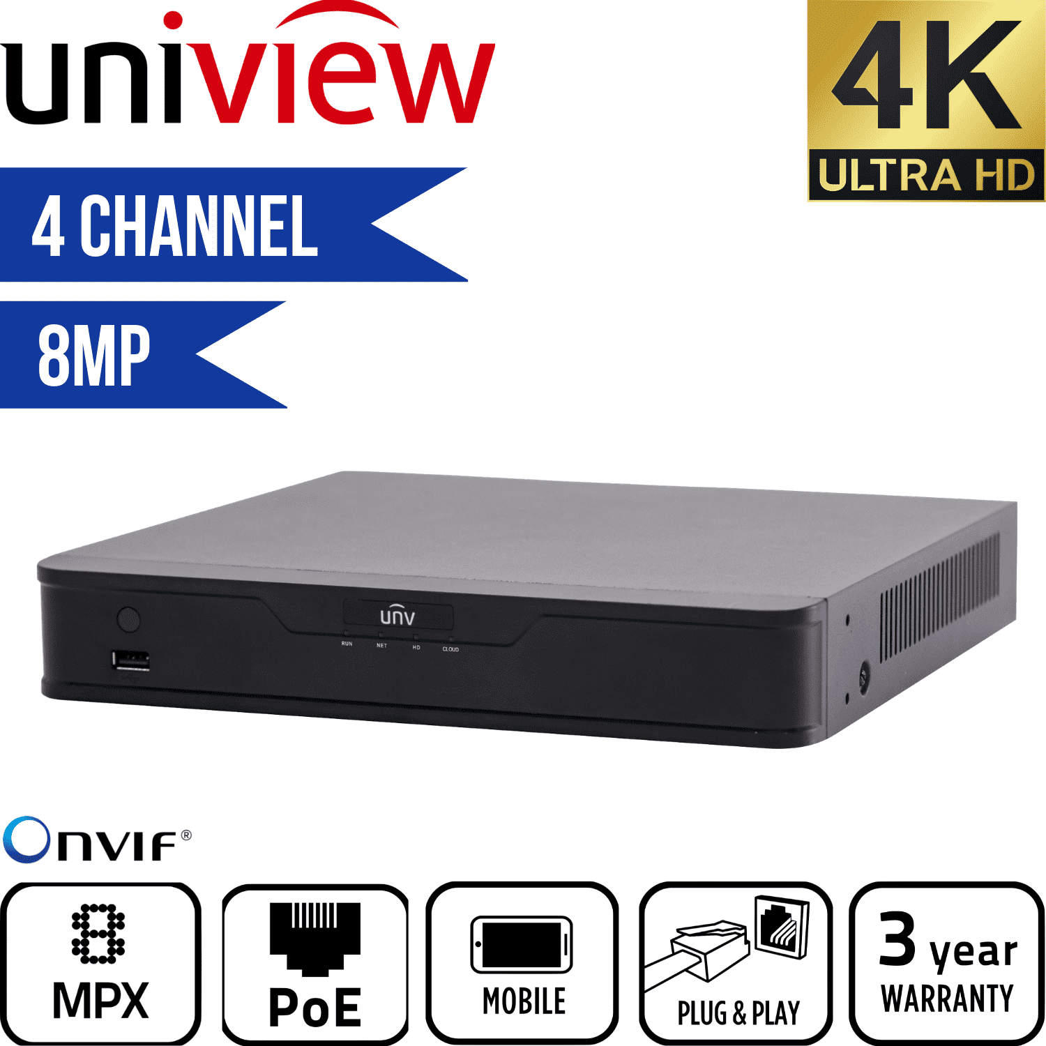 Uniview 4 Channel Network Video Recorder: 8MP (4K) Ultra HD