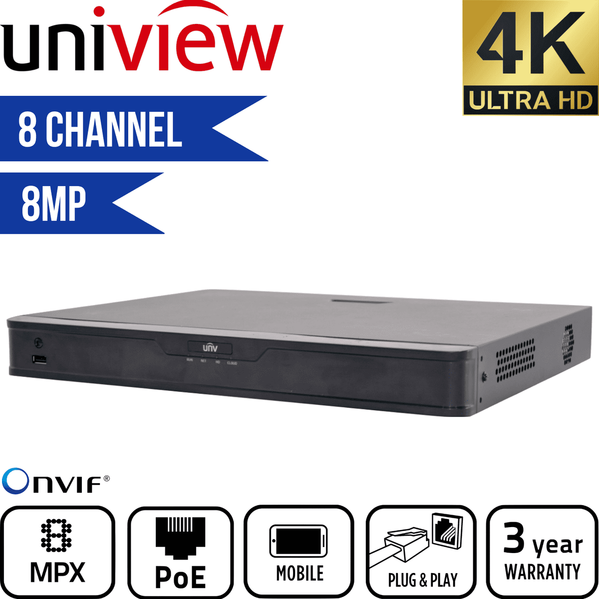 Uniview 8 Channel Network Video Recorder: 8MP (4K) Ultra HD